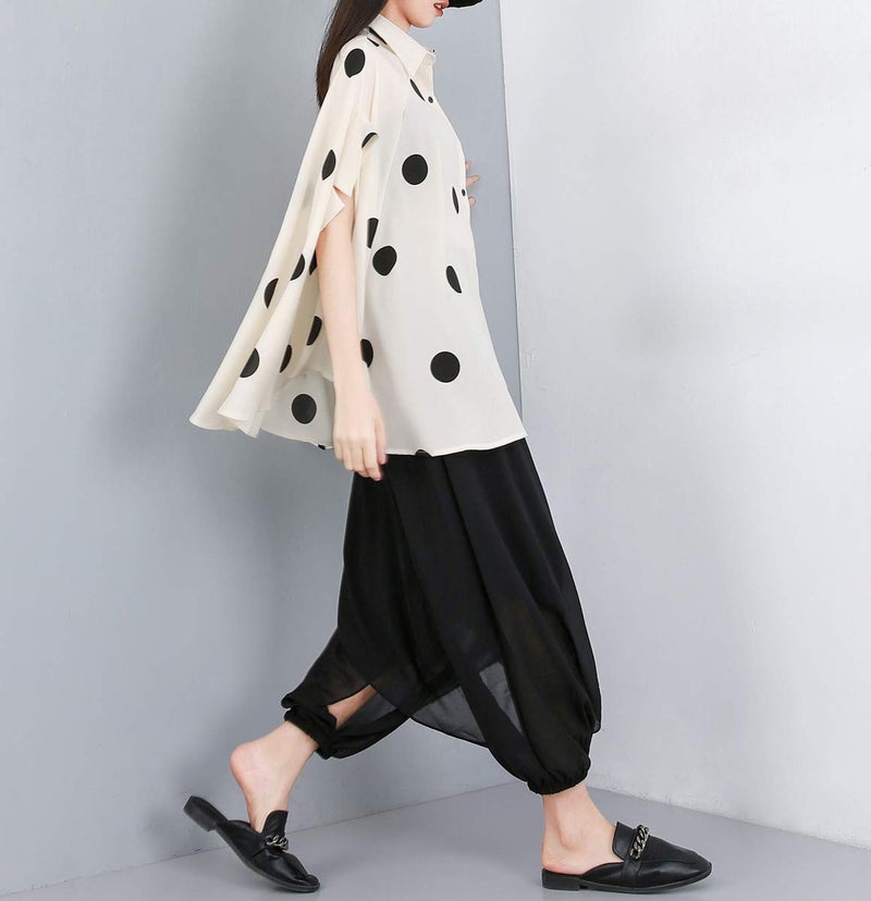 ellazhu Women's Batwing Sleeve Polka Dot Printed Button Down Blouse Oversized Shirt Top for Summer GY1903 White - Image 3